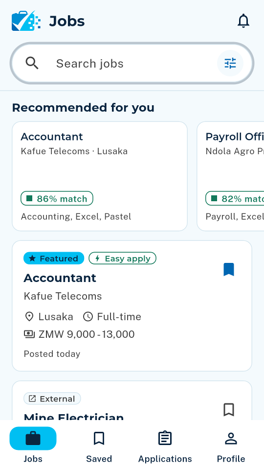 The job list with recommended jobs and their match scores
