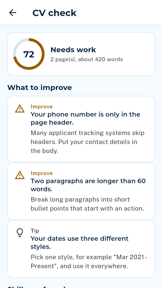The CV check with a score of 72 and three things to improve