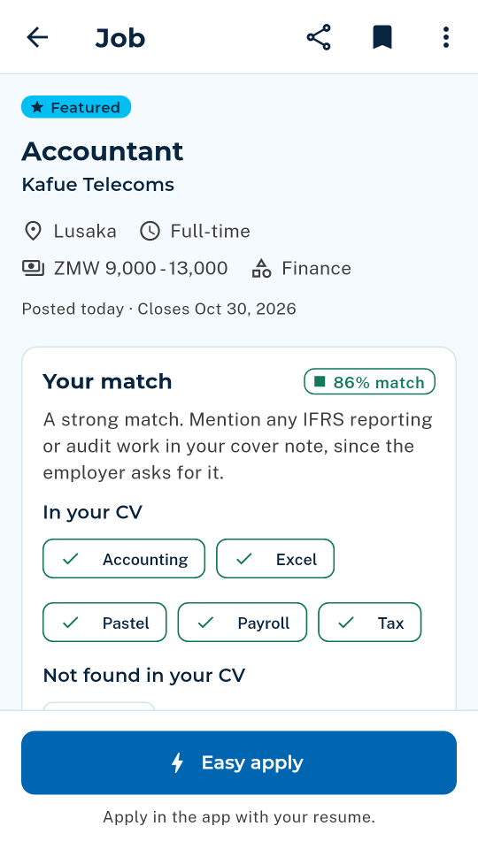 A job page showing an 86% match, matched skills and one missing skill