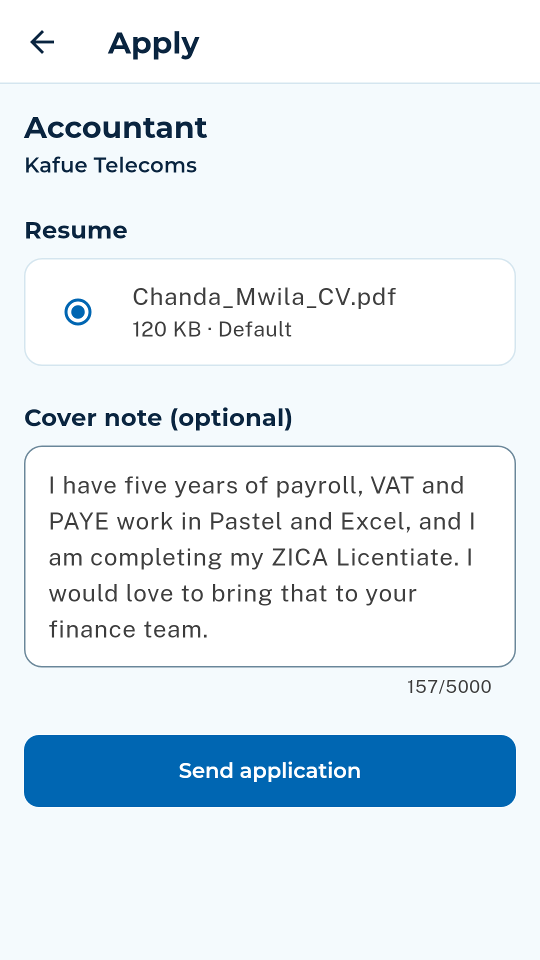 The Easy apply form with a saved CV and a cover note