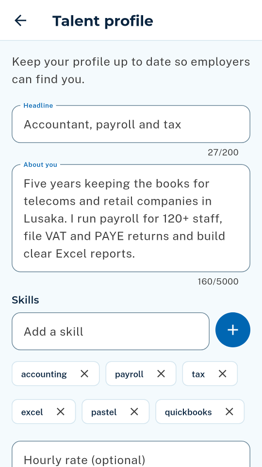 The talent profile with a headline, a short bio and skills